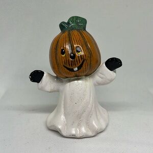 Pumpkin head ghost ceramic figurine 3 1/2” tall